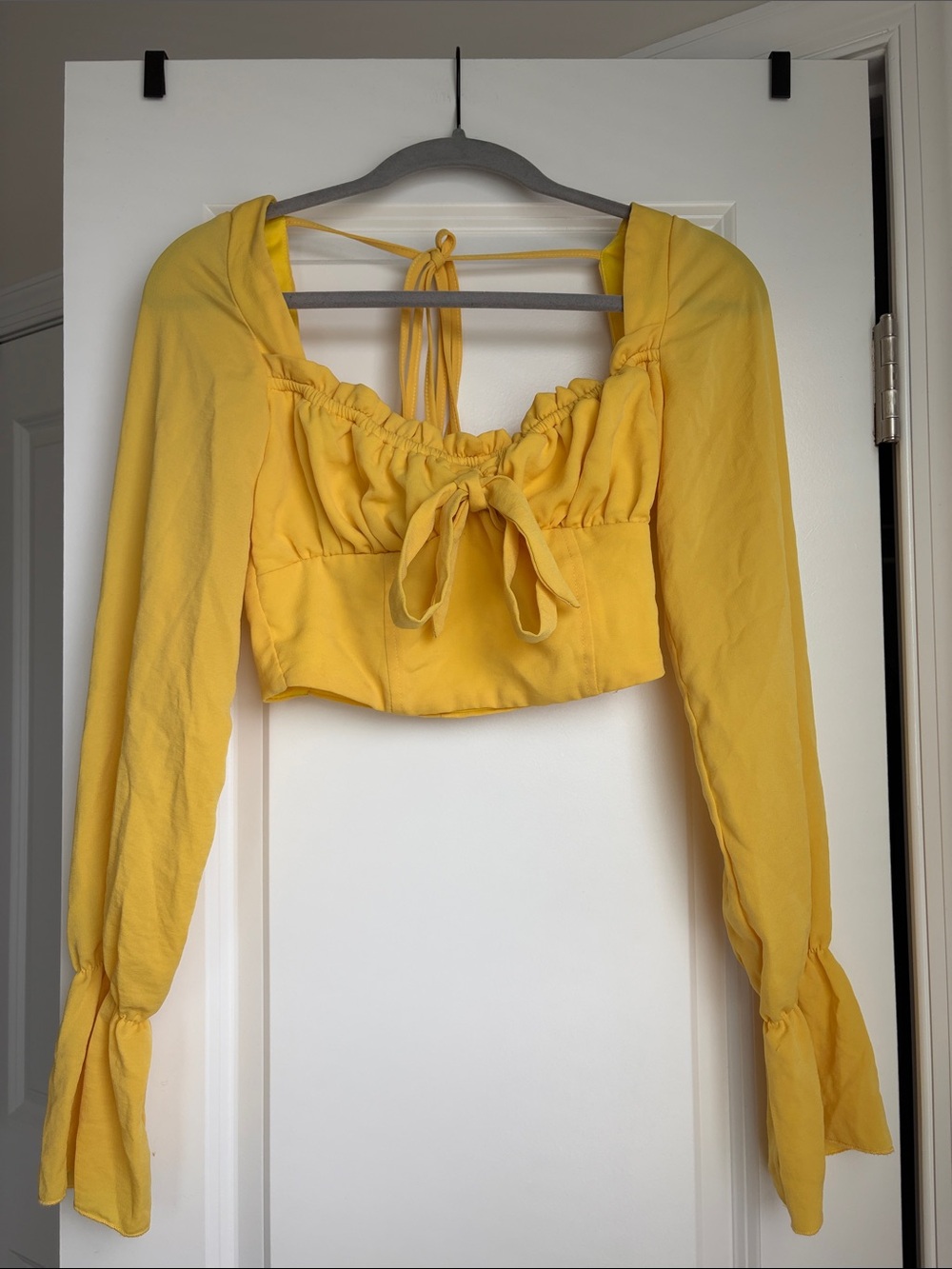 Tiger Mist Yellow Tie-Front Long Sleeve Crop Top